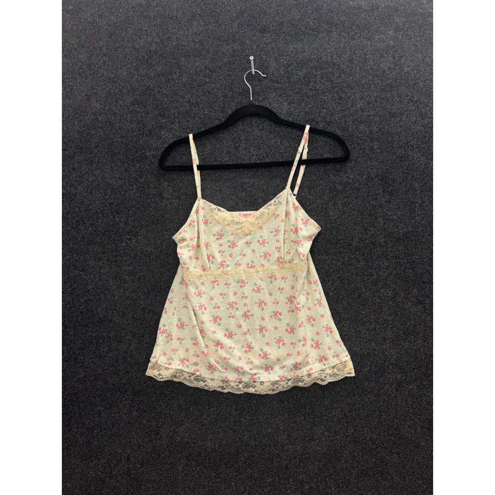 Kenzie Floral Lace Trim Cami Top Cream Pink Y2K Adjustable Straps Medium